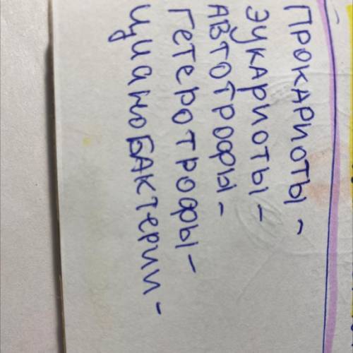 Нужно написать объяснения: 1. Прокариоты 2. Эукариоты 3. Автотрофы 4. Гетеротрофы 5. Цианобактерии