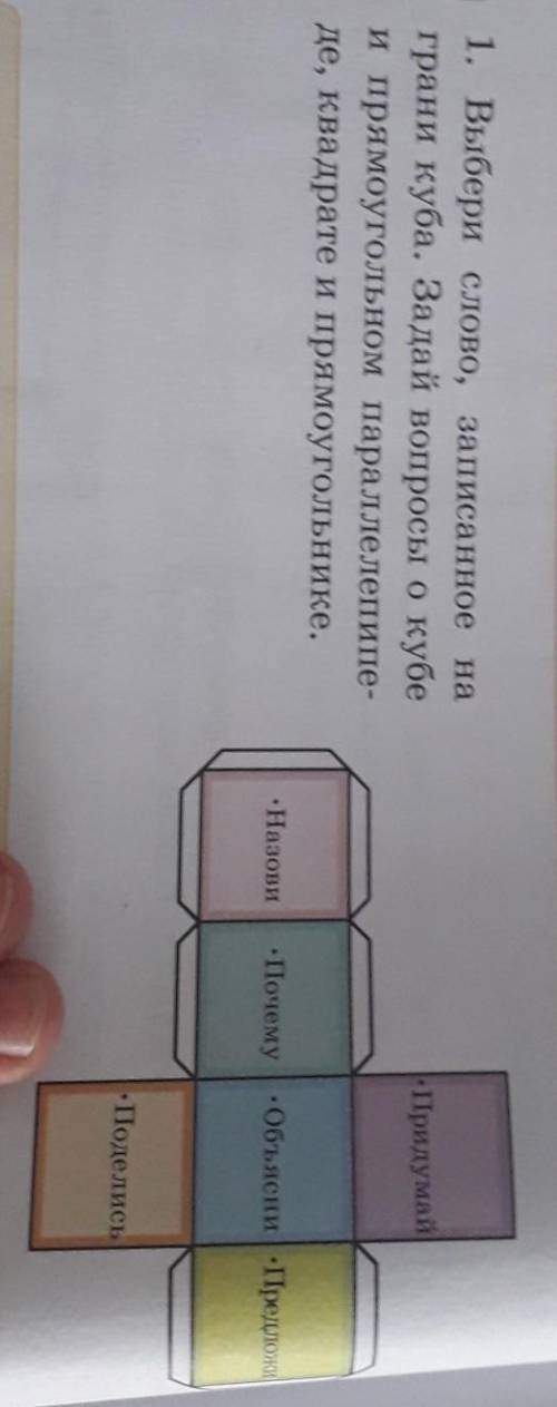 1. Выбери слово, записанное на грани куба. Задай вопросы о кубеи прямоугольном параллелепипе-де, ква
