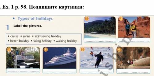 Подпишите картинки:cruisesafarisightseing holidaybeach holidayskiing holidaywalking holiday​