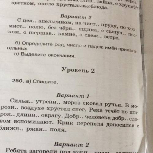 250. а) Спишите. Вариант 1 Сильн.. утренн.. мороз сковал ручьи. В мо- розн.. воздухе хрустел снег. Р