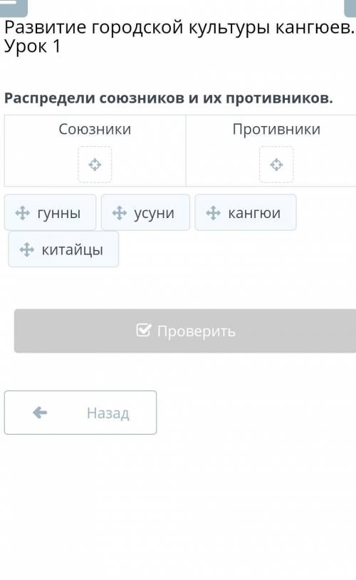 Развитие городской культуры кангюев. Урок 1 Распредели союзников и их противников.СоюзникиПротивники