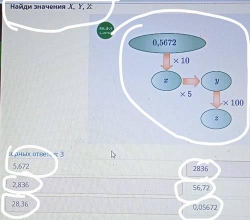 Оосоо Найди значения X, Y, Z:BILIMLand0,5672x 102ух5x 100Верных ответов: 328365,6722,83656,7228,360,