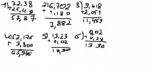 1) 32,38 + 25,49 2) 6,702 + 1,18 3) 9,418 + 2,051 4) 62,176 + 3,8 5) 0,07 + 13,23 6) 9,02 + 4,28 Реш