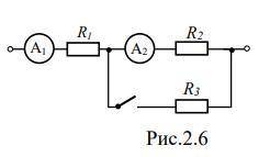 На схемі (рис.2.6) всі опори однакові R1=R2=R3. При замкненому ключі амперметр А2 реєструє струм I2