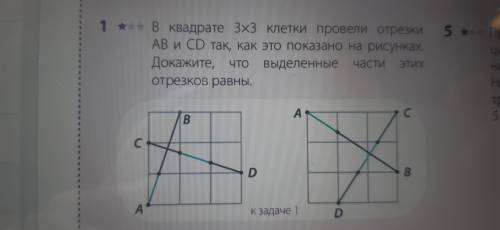 В квадрате 3 на 3 клетки провели отрезки АВ и СD так, как это показано на рисунках. Докажите, что вы