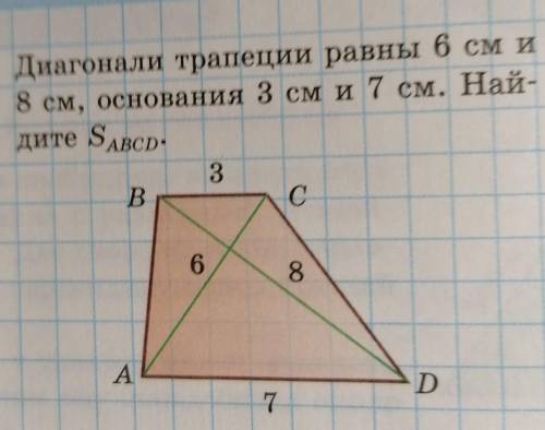 Диагонали трапеции равны 6 см и8 см, основания 3 см и 7 см. Найдите Sabcd​