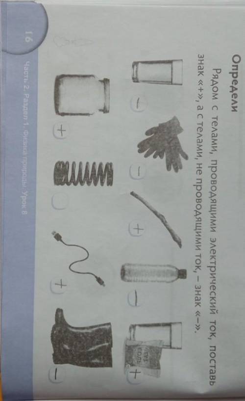 Определи Рядом с телами, проводящими электрический ток, поставьзнак «+», а с телами, не проводящими