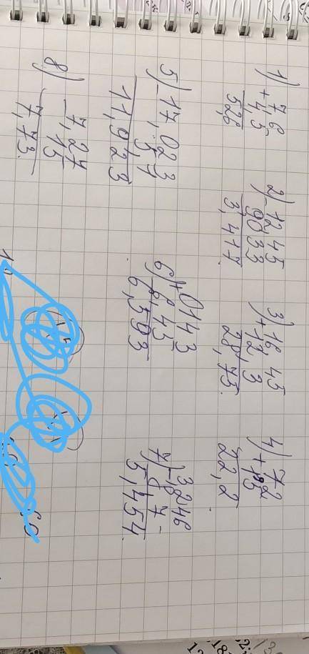 7,6+45=115,6 12,45-9,033=3,41716,45+12,3=28,7515+7,2=22,217,023-5,1=11,9236,45+0,143= 6,5938,7-3,246