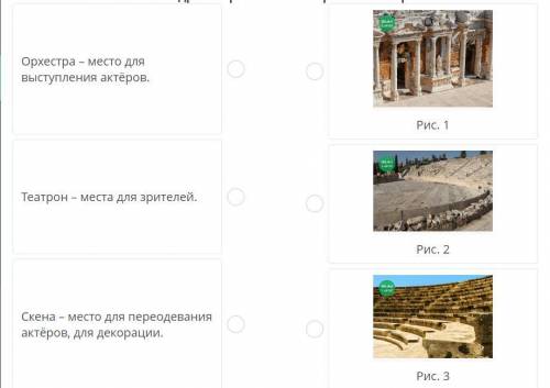 Соотнеси основные части древнегреческого театра и их изображения ¬ω¬