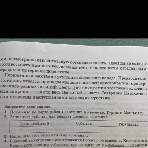 1. Покажите на карте районы восстаний в Уральске, Тургае и Мангыстау. 2. Заполните таблицу для анали