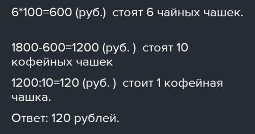 Ft. За день в магазине продали 6 чайных чашек, по 100 р. каждая, и 4 кофейные, получив за все про-да