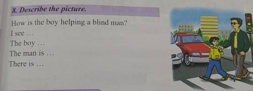 Describe the picture How is the boy helping a blind man?I see ...The boy ...The man is ...There is .