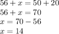 56 + x = 50 + 20 \\ 56 + x = 70 \: \: \: \: \: \: \: \: \: \\ x = 70 - 56 \: \: \: \: \: \: \: \: \: \\ x = 14 \: \: \: \: \: \: \: \: \: \: \: \: \: \: \: \: \: \: