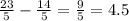 \frac{23}{5} - \frac{14}{5} = \frac{9}{5} = 4.5