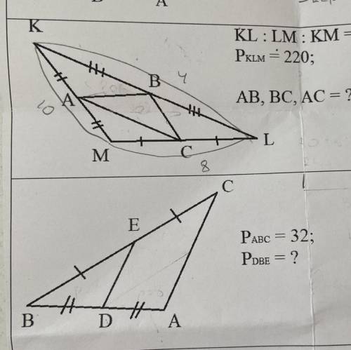 P KLM=220 Найти: AB, BC, AC 2. P ABC = 32 P DBE = ?