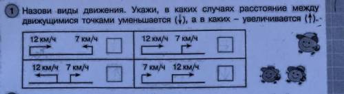 1) Назови виды движения. Укажи, в каких случаях расстояние между движущимися точками уменьшается (Ф)