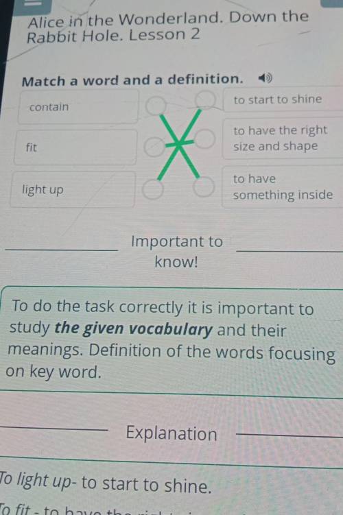 Alice in the Wonderland. Down the Rabbit Hole. Lesson 2Match a word and a definition.to start to shi