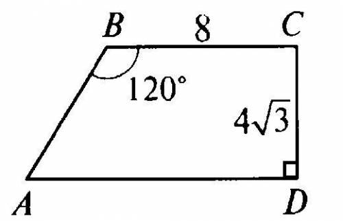 В трапеции ABCD ∠B=120 ∘ ,BC=8,CD=4(три в корне)3 Найдите длину второго основания.