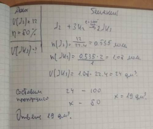 Какой объём аммиака получится при взаимодействии 12л азота с водоротом, если выход составит