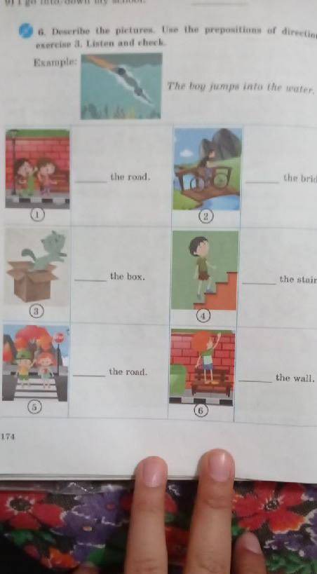 Of direction the The boy jumps into the water6. Describe the pictures.exercise & Listen and chec