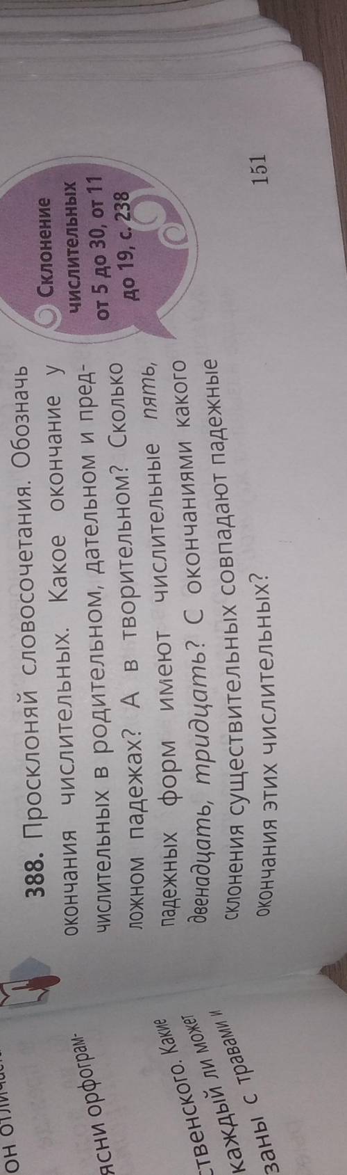 Выполни ПИСЬМЕННО упражнение 388 на странице 151. Комментарии к выполнению упражнения: просклоняй по