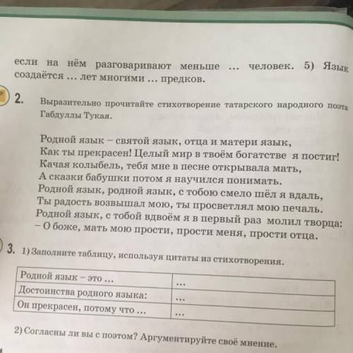 3. 1) Заполните таблицу, используя цитаты из стихотворения. Родной язык - это: Достоинства родного я