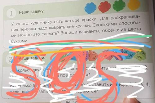 1 Реши задачу.У юного художника есть четыре краски. Для раскрашива-ния пейзажа надо выбрать две крас