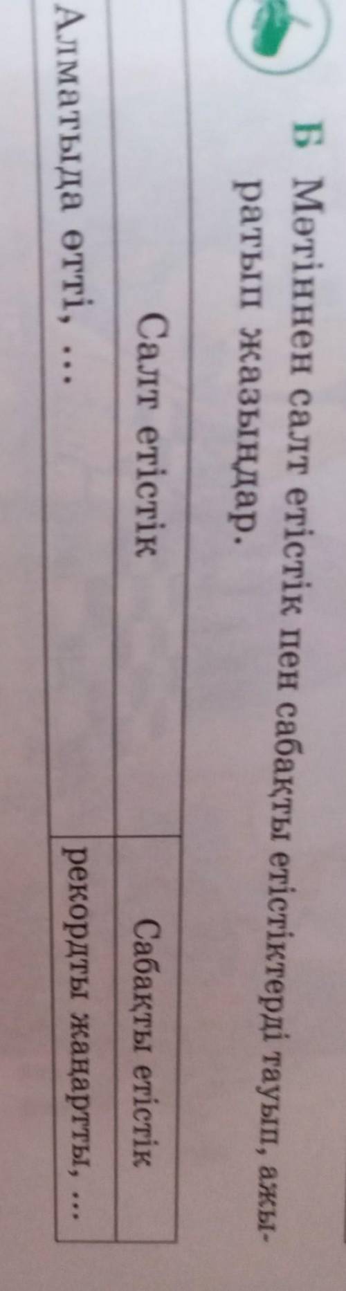 Б Мәтіннен салт етістік пен сабақты етістіктерді тауып, ажы- ратып жазыңдар.Салт етістікСабақты етіс