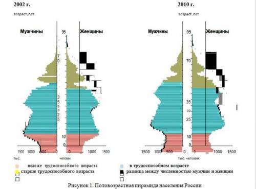 сделайте Задание № 1: сравните и проанализируйте половозрастные пирамиды населения России 2002 г. и