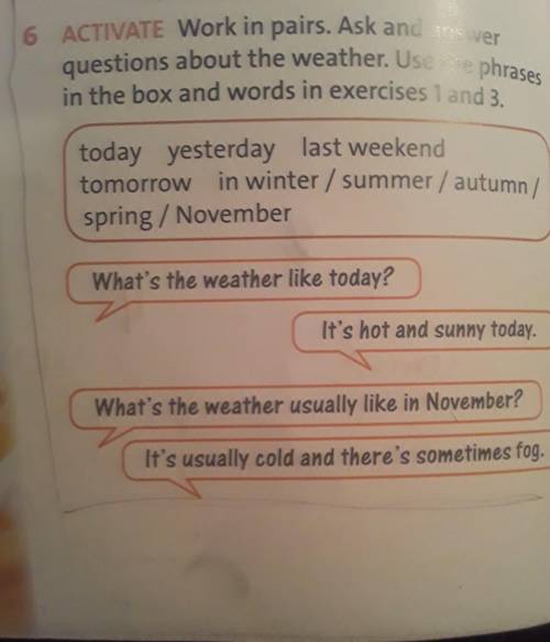 6 ACTIVATE Work in pairs. Ask and answer questions about the weather. Use the phras.in the box and w