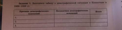 Задание 1. Заполните табицу о демографической ситуации в Казахстане в 1939-1959 гг.