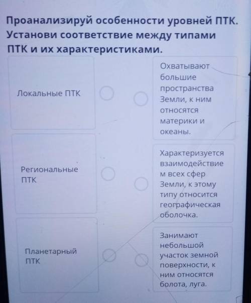 Проанализируй особенности уровней ПТК. Установи соответствие между типамиПТК и их характеристиками.О