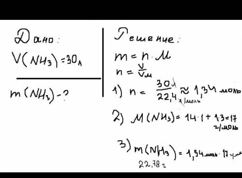 Какова масса 30 л аммиака при нормальных условиях?