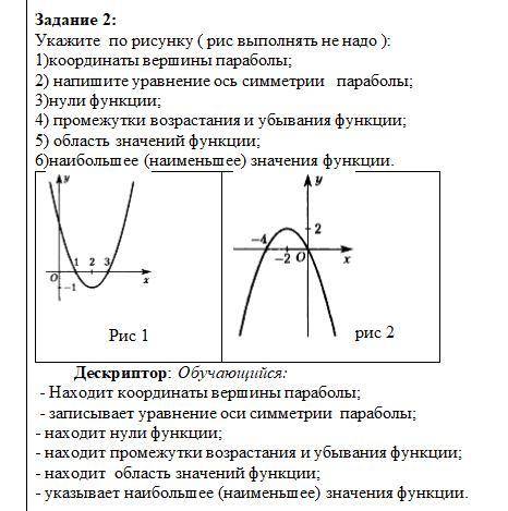 Укажите по рисунку ( рис выполнять не надо ): 1)координаты вершины параболы; 2) напишите уравнение о