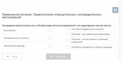 Правильное питание. Правописание отрицательных, неопределенных местоимений Распредели пункты плана э