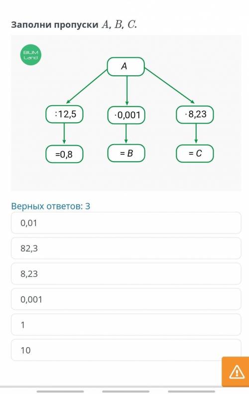 Натуральное число. Умножение десятичных дробей. Урок 5 Заполни пропуски A, B, C.￼Верных ответов: 310