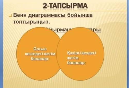 2-ТАПСЫРМА Венн диаграммасы бойыншатолтырыңыз.йырмау арыСоғыскезіндегі жетімбалалар,Қазіргі кездегіж