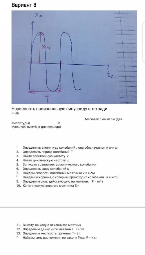 Вариант 8 Нарисовать произвольную синусоиду в тетради m=8rМасштаб 1мм=8 см (дляамплитуды) Масштаб 1м