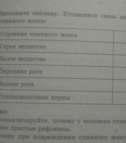 по биологии таблица строение спинного мозга функции ​