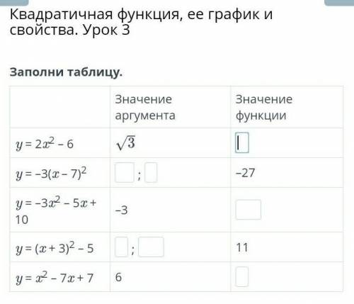 Квадратичная функция, ее график и свойства. Урок 3Заполни таблицу.​