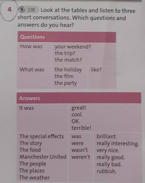 4 2.18look at the tables and listen to theree short conversations.Which questions and answers do you