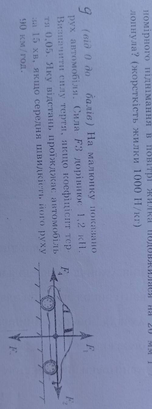 На малюнку показано рух автомобіля. Сила F3 дорівнос 1,2 кн.Визначити силу тертя, якщо коефіцієнт те
