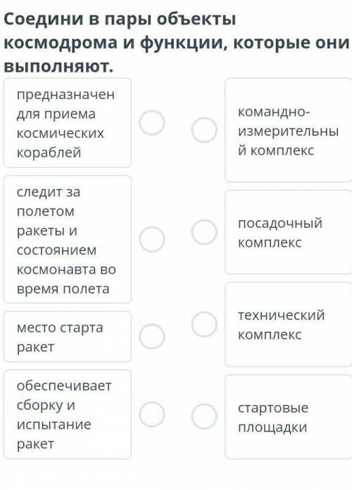 Соедини в пары объекты космодрома и функции, которые они выполняют. предназначен для приема космичес