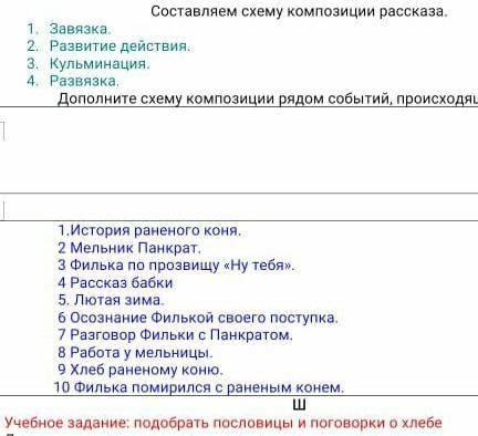 с оставляем схему композиции рассказа завязка ,развитие действий ,кульминация ,развязка Теплый хлеб​