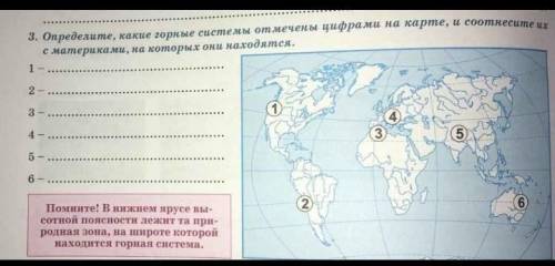 Определите какие горные системы отмечены цифрами на карте и Соотнесите их с материками на которых он