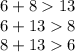 6 + 8 13 \\ 6 + 13 8 \\ 8 + 13 6