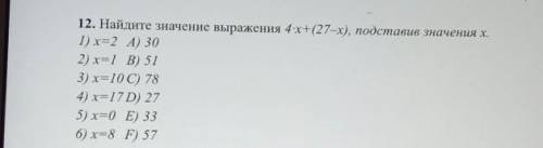 12. Найдите значение выражения 4x+(27–х), подставив значения х. 1) х=2 А) 302) х=1 В) 513) х=10 С) 7