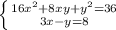 \left \{ {{16x^{2}+8xy+y^{2} =36} \atop {3x-y=8}} \right