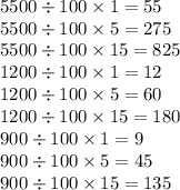 5500 \div 100 \times 1 = 55 \\ 5500 \div 100 \times 5 = 275 \\ 5500 \div 100 \times 15 = 825 \\ 1200 \div 100 \times 1 = 12 \\ 1200 \div 100 \times 5 = 60 \\ 1200 \div 100 \times 15 = 180 \\ 900 \div 100 \times 1 = 9 \\ 900 \div 100 \times 5 = 45 \\ 900 \div 100 \times 15 = 135