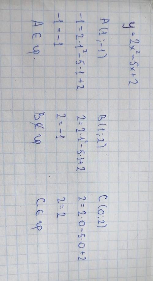 Проходит или график функции у=2х^2-5х+2 через точки А(1;-1), В(1;2), С(0,2)​